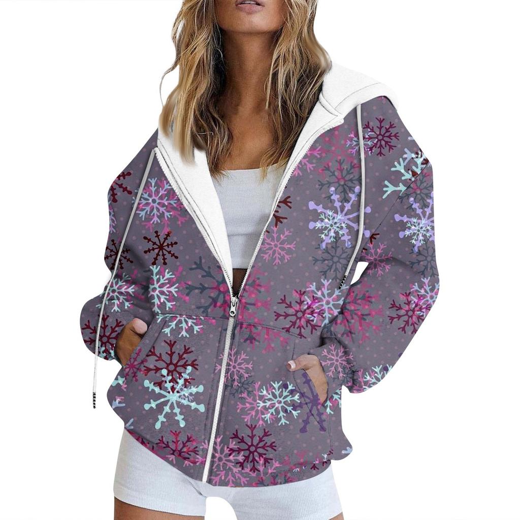 Damska moda swobodna świąteczna bluza z nadrukiem jesień i zima długi rękaw z kieszenią kardigan kurtka kurtka z kapturem płaszcz