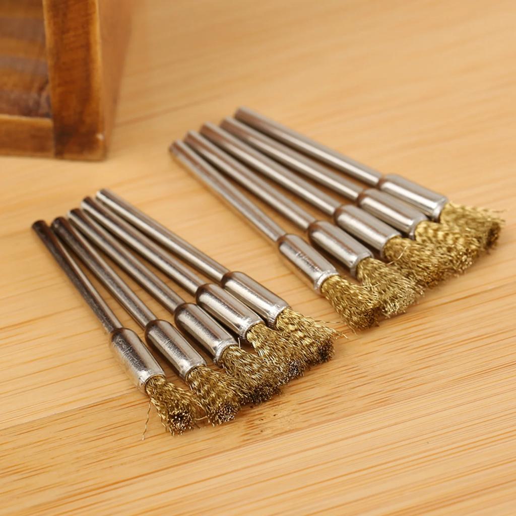 10Pcs/set 5mm Pencil Brushes Stainless Steel/Copper Wire Wheel Brush 3.17mm Shank Mandrel for Dremel Rotary Tools Abrasive Tool