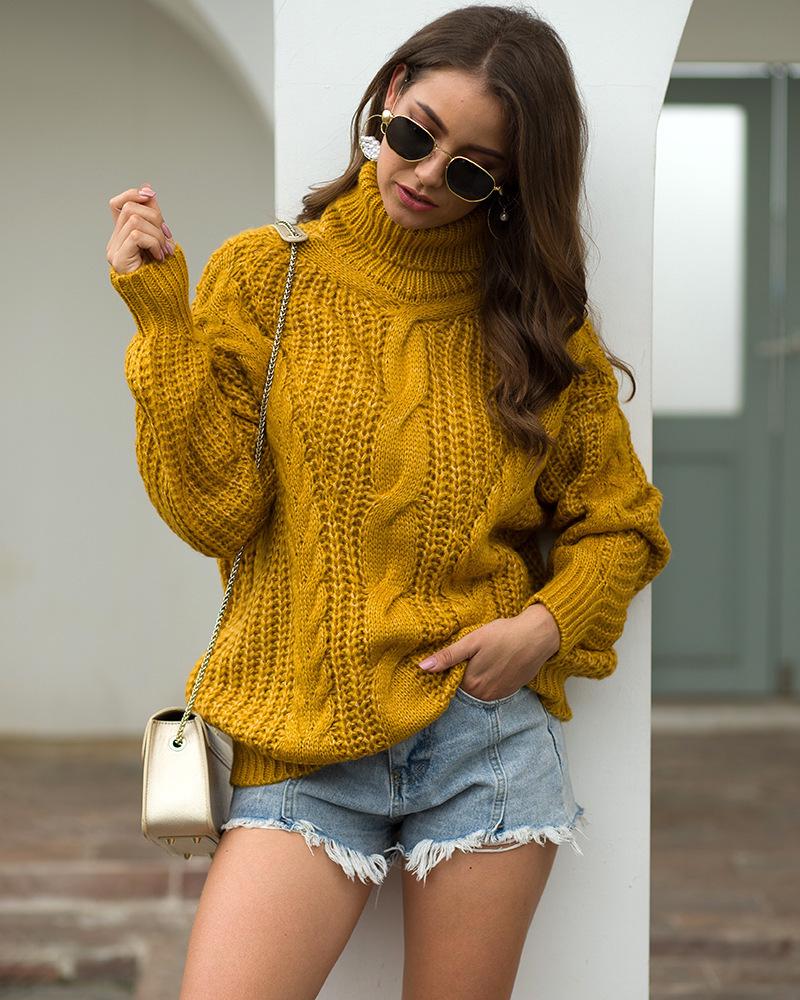 2025 Autumn/Winter Women's College Style Chunky High Neck Cable Knit Pullover Sweater