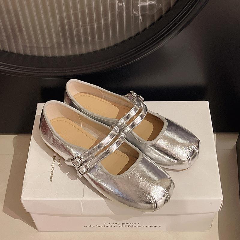 

French square head single shoes women s shoes 2025 new summer skirt Mary Jane shoes ballet bean shoes evening shoes 40 серебряный
