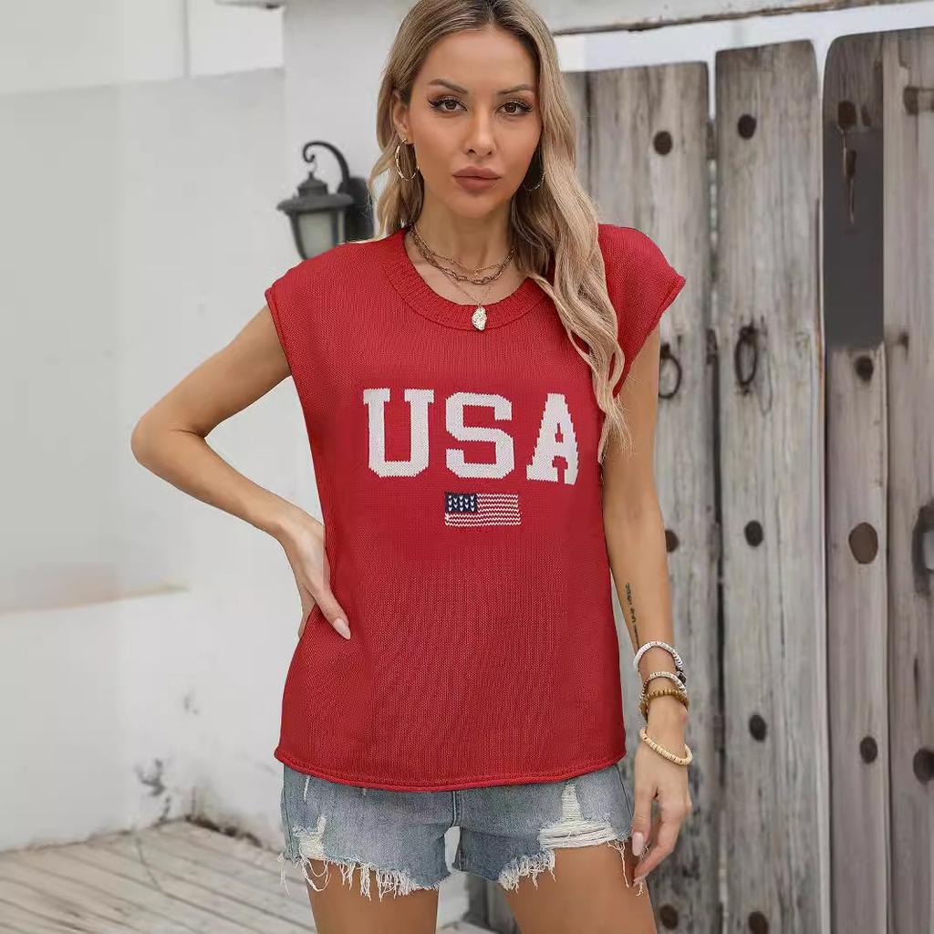 New American Flag Sweater European And American Fashion Round Neck Sleeveless Jacquard Plus Embroidered Top Women'S Factory