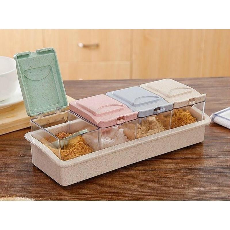 4 Fächer Weizenstroh Gewürzbox mit Löffel Abnehmbares Gewürzglas Küchengewürzbox Kunststoff Gewürzbox Flasche Dose Set