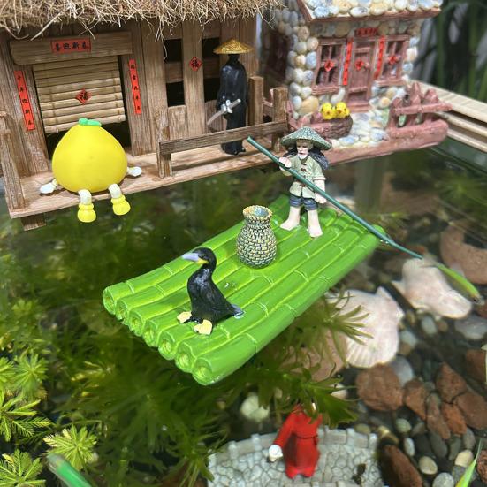 Floating Bamboo Raft Sculpture with Old Man And Cormorant Resin Miniature Figurine Decorative Zen Aquarium Statue for Outdoor Indoor Fish Tank Pond