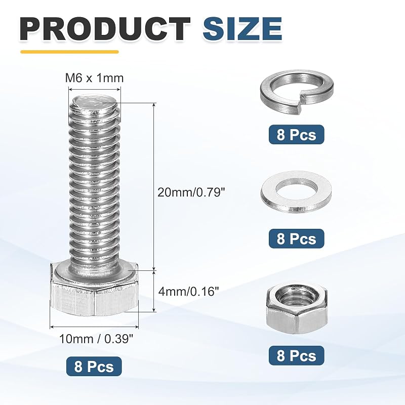 uxcell Hex Bolts M6 x 20mm 304 Stainless Steel Bolt, Nut, Washer Set, Hex Screw Set, Fully Threaded, 8 Sets