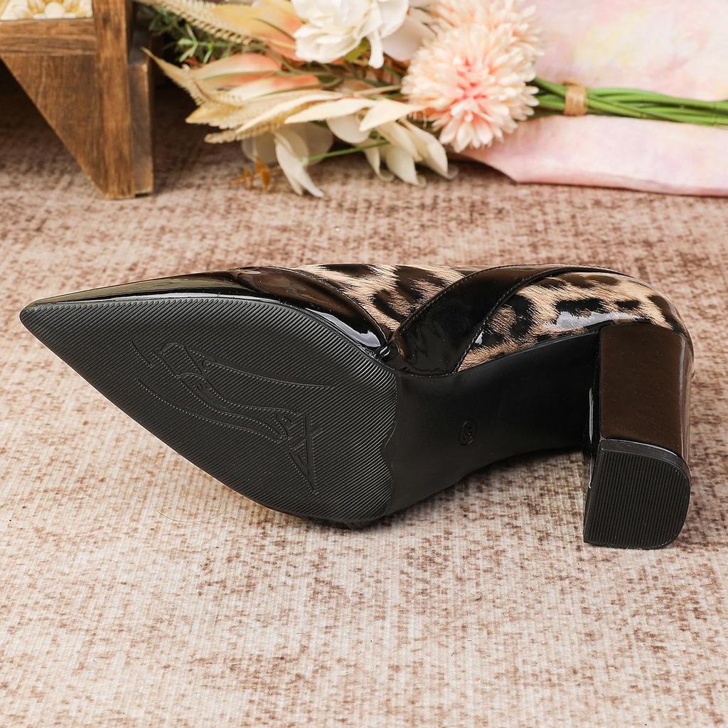 Chunky Heel Patent Leather Pointed Toe Low-Cut High Heels for Women's Large Sizes 41-43