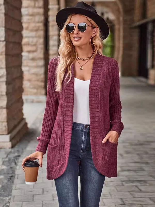 2025 Autumn Solid Color Ribbed Brushed Patchwork Long Sleeve Cardigan Jacket