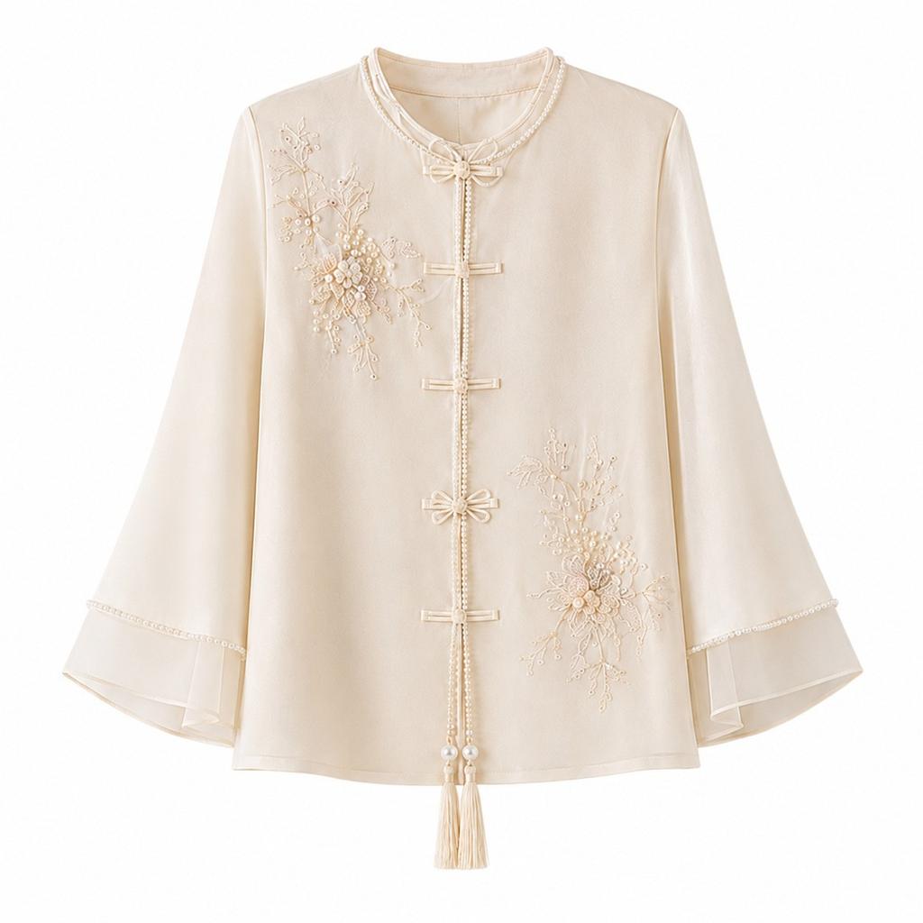 New Chinese Pearl Hemming Stand-up Collar Disc-buckled Embroidered Top Elegant Pendulum Skirt Temperament Two-piece Set P7111