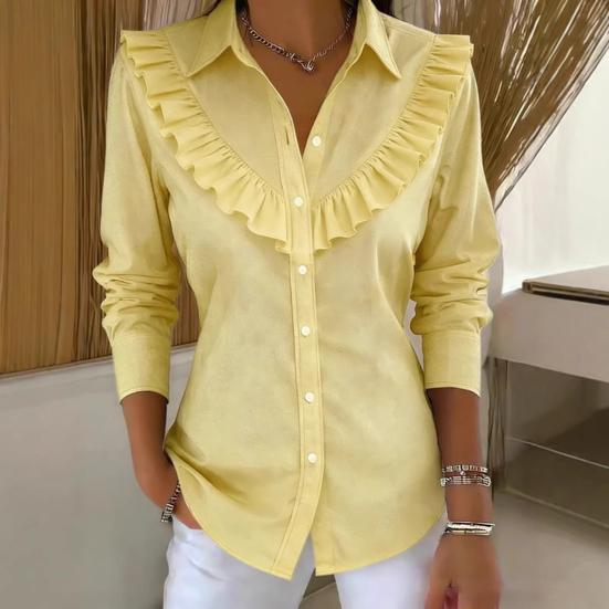 Women Shirt Lapel Long Sleeve Ruffle Decor Shirt Tops Pure Color Loose Fit Buttons Placket Casual Shirt Work Party Vacation Wear