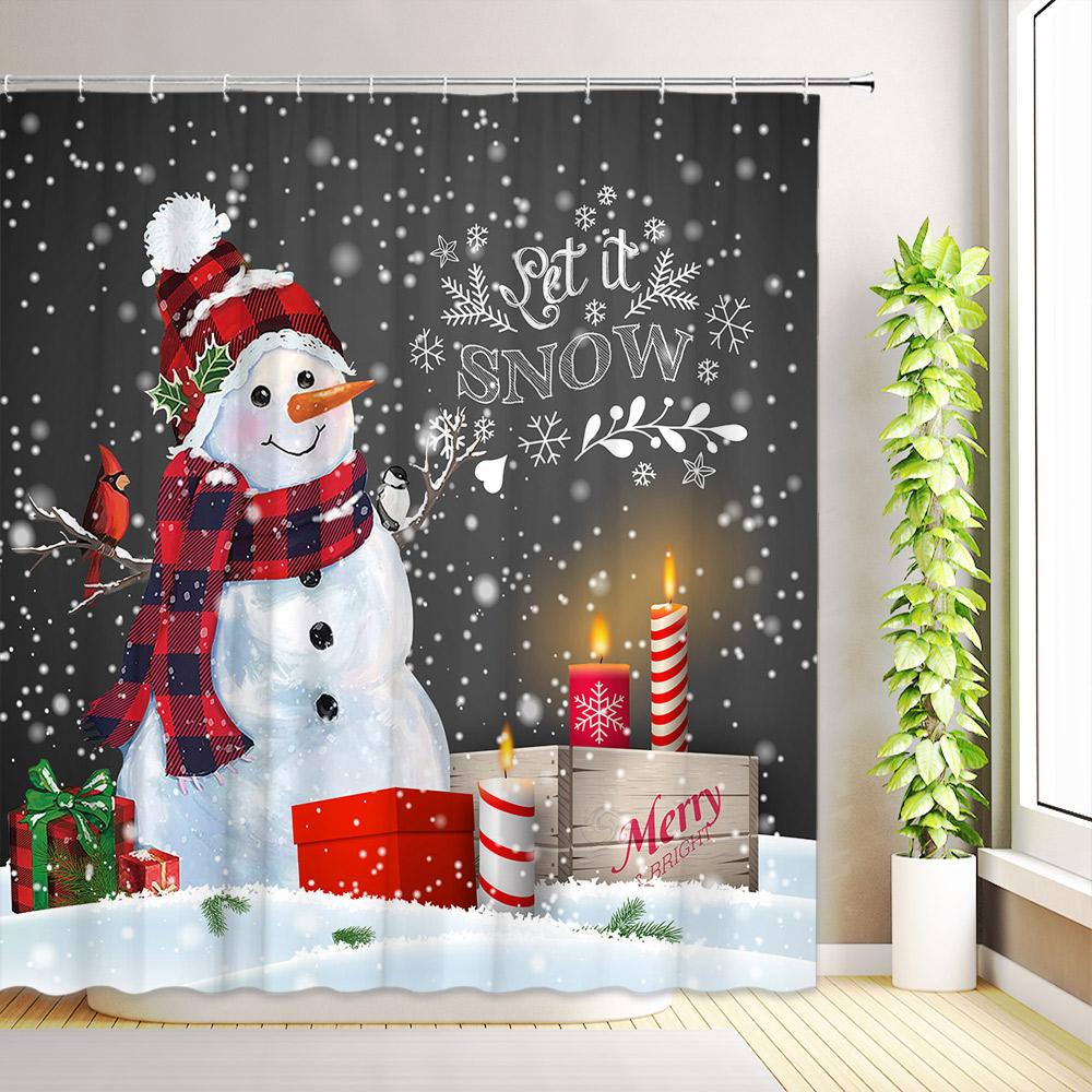 Winter Christmas Shower Curtain Santa Claus Snowman Snowflake Xmas Tree Gift New Year Home Decor Bathroom Curtains with Hooks