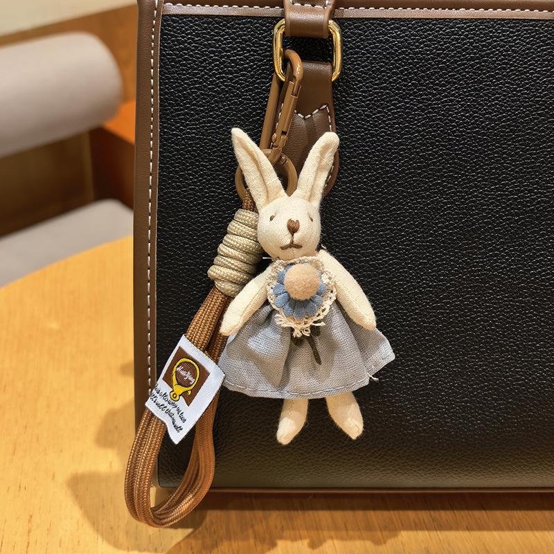 Cute Fabric Bunny Bag Charm, Handmade Plush Rabbit Keychain with Flower Dress & Braided Rope