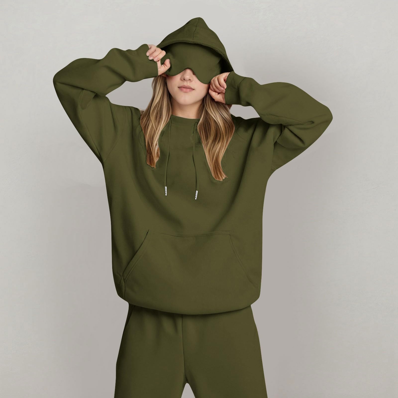 

Unisex Hooded Sweatshirt With Built-in Eye Mask, Casual Long Sleeved, Solid Color Sports Pullover, Loose Fit Sweatshirt L армія зелений колір