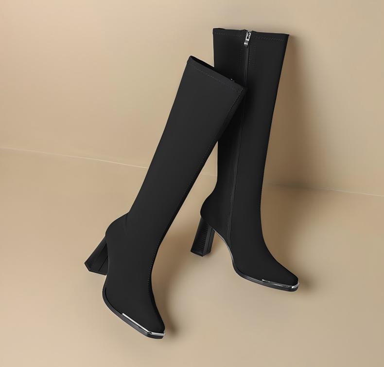 Pointed high-heeled boots women's 2025 new apricot suede elastic thin boots but knee thick-heeled high boots