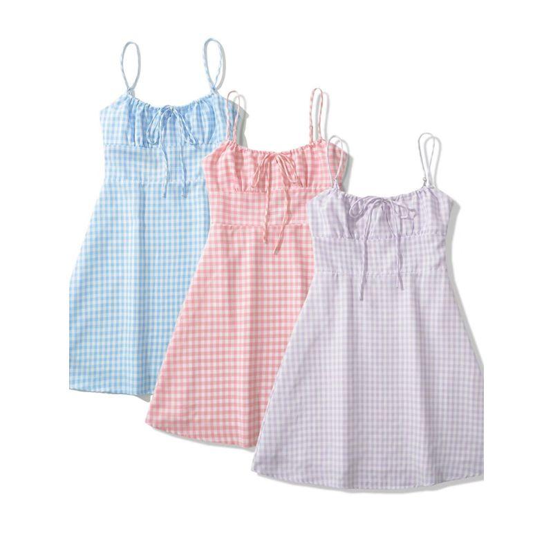 Kaslead New Arrival Women's Clothing Fashion Style Fashion Casual Simple Gingham Three-Color Short Sling Dress