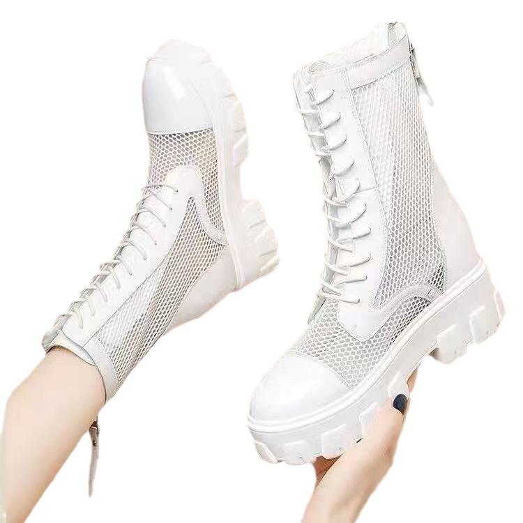 Primăvară și vară noi cizme Martin din plasă pentru femei versiune coreeană cu talpă groasă cu toc gros la modă tub scurt cizme cool goale