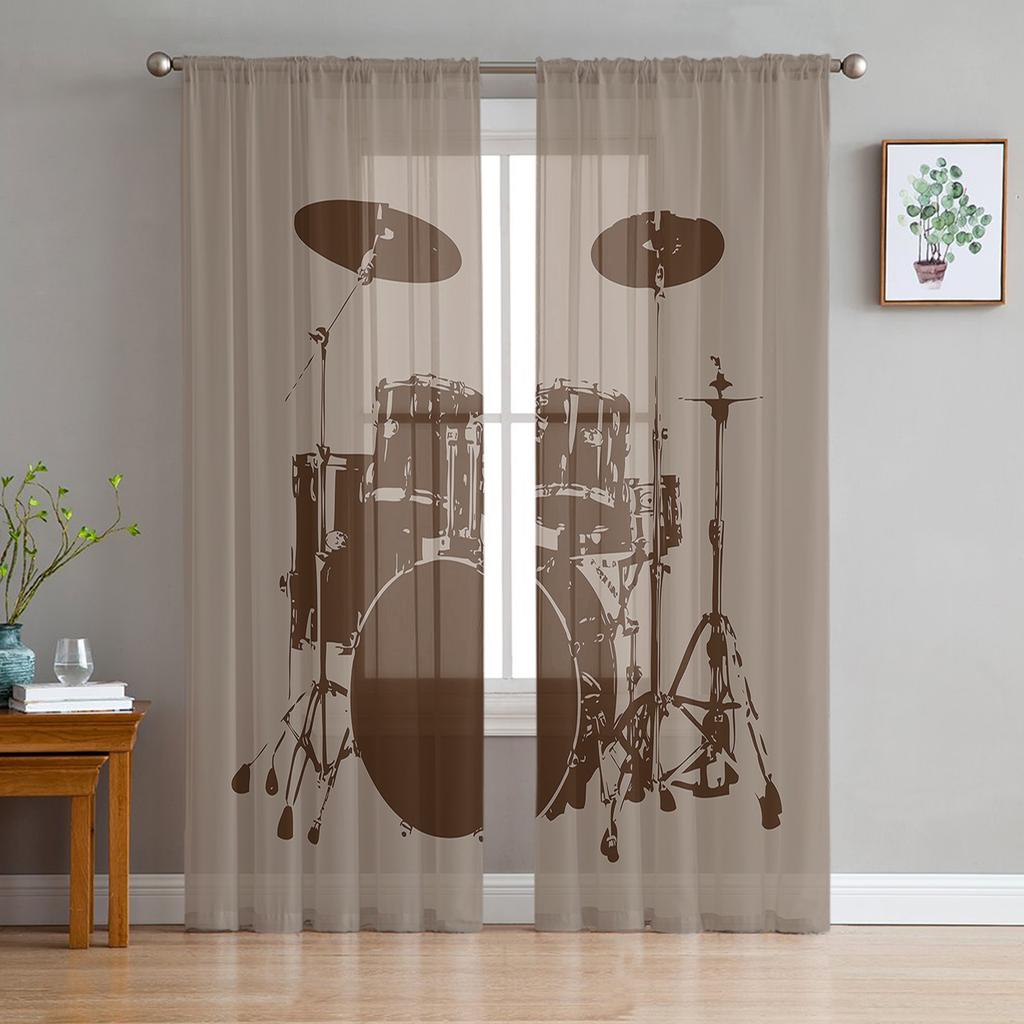 Retro Music Poster With Vinyl Gramophone Chiffon Sheer Curtains for Living Room Bedroom Window Curtain Voiles Tulle Cortinas