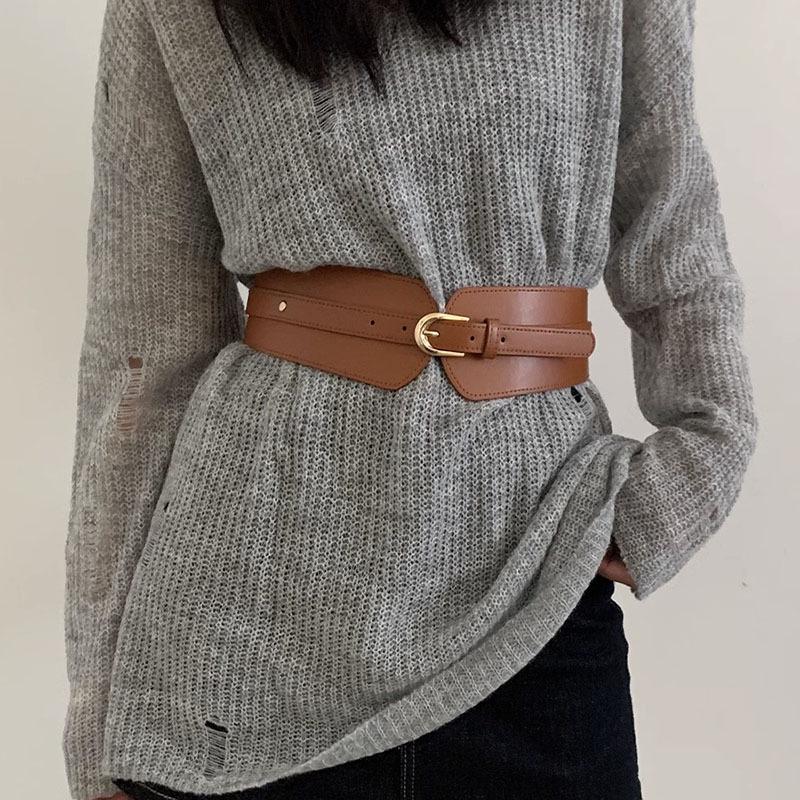 Women's Ultra-Wide Elastic Waistband Belt: Retro Pin Buckle, High-Quality Stretch Leather, Perfect for Skirts and Sweaters.