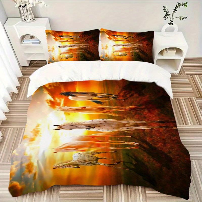 3pcs Horse Sunset Bedding Set Down Comforter Cover and Pillowcases, Suitable for All Seasons(No Insert)-0729020 135x200cm