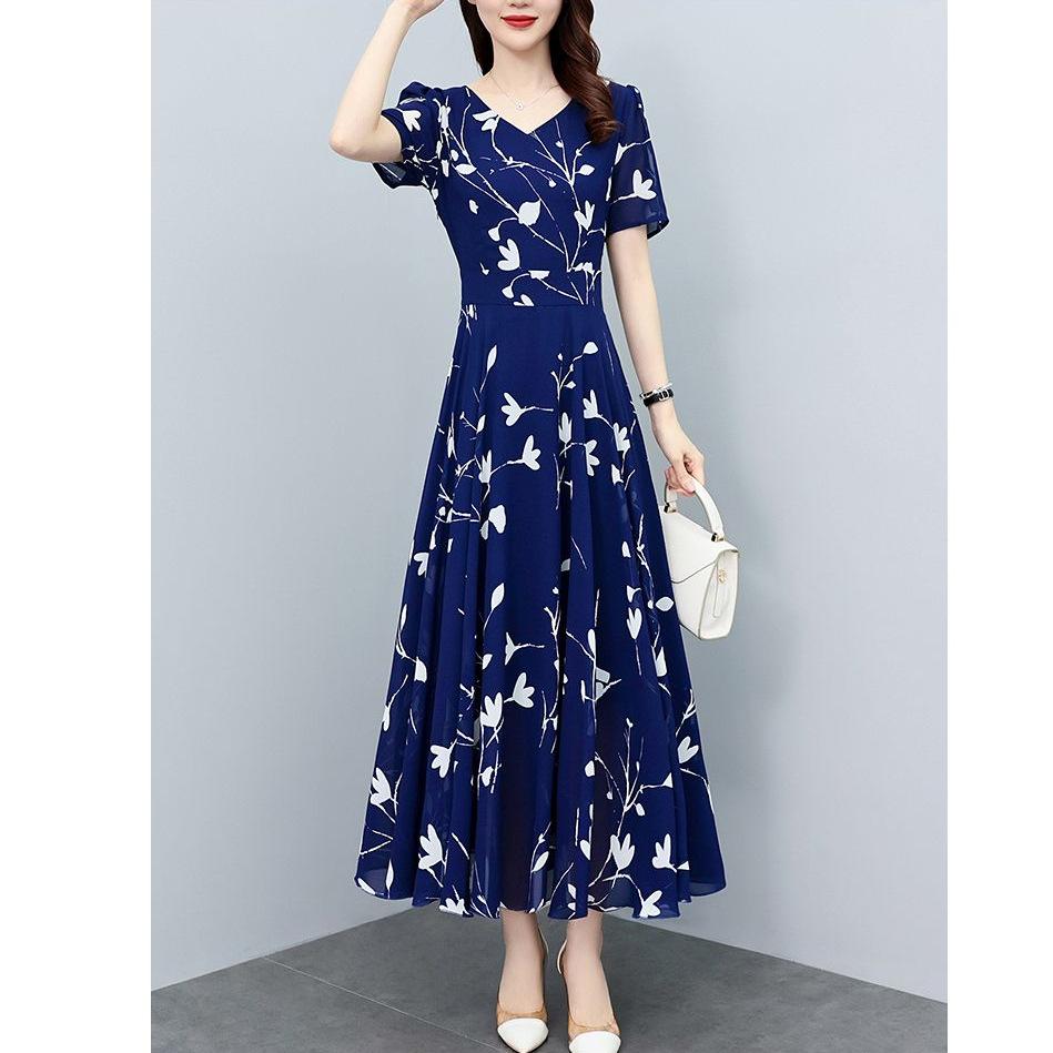 Floral Print Plus Size Slimming Short Sleeve Dress for Mature Women