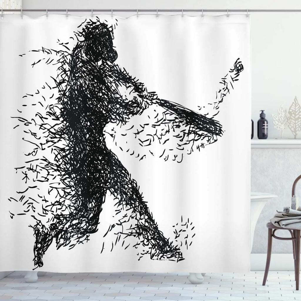 Baseball Shower Curtain Baseball Glove Sports Theme Polyester Fabric Bathtub Screen Home Decor Bathroom Curtains Set with Hooks