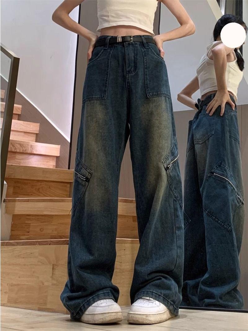 

Женские джинсы больших размеров в стиле ретро с американским вайбом, с высокой талией и широкими штанинами - Стройнящие, свободные, с прямыми штанинами для весны и осени Small