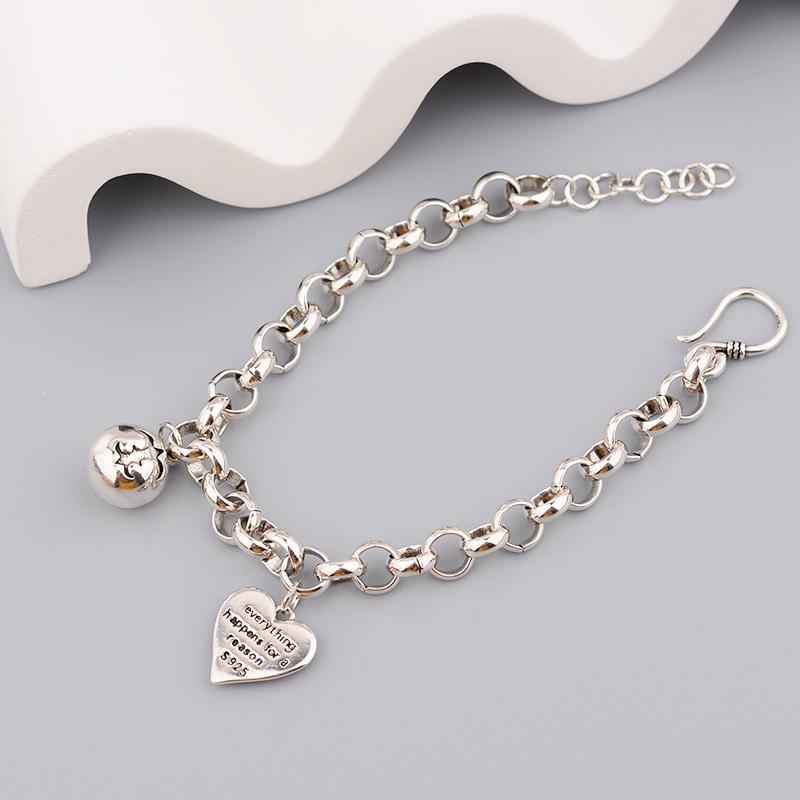 BFCLUB Silver Color Hiphop Thick Heart Ball Bracelet for Women Men Vintage Handmade Hasp Bracelet Birthday Gift S-B451