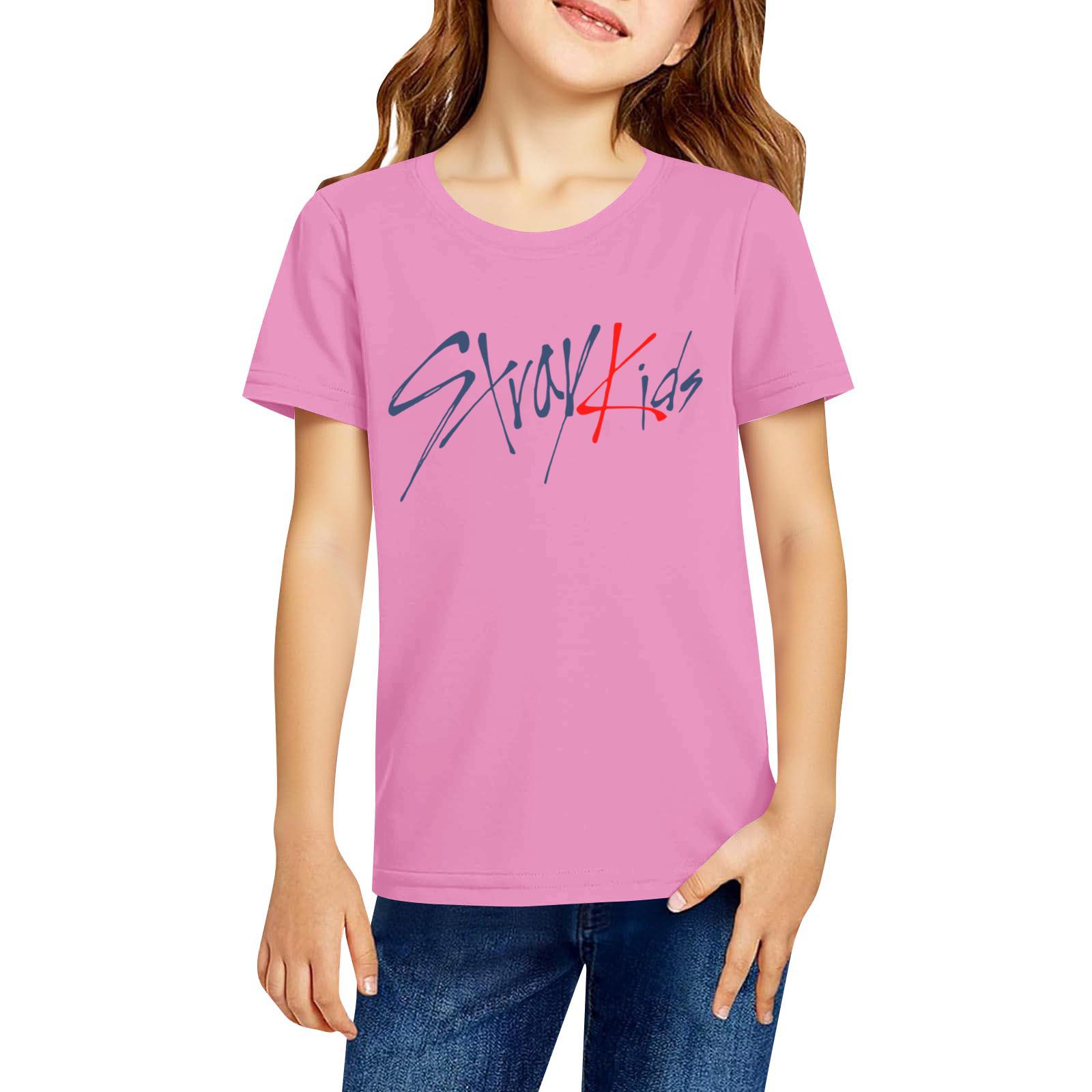 

Модний круглий виріз, короткий рукав, робочий одяг, топи з принтом для дитини, літні топи 140 рожевий