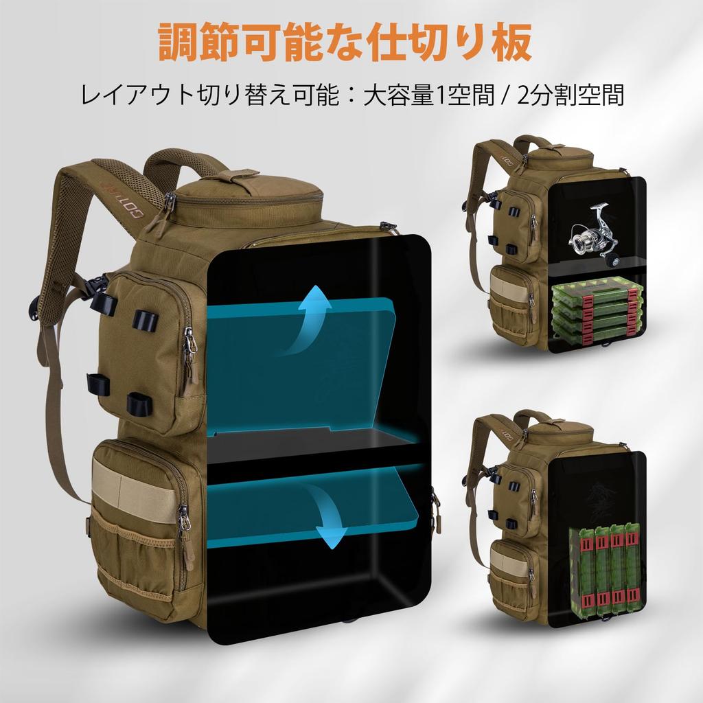 Goture Fishing Backpack, 58L Large Capacity, 900D Oxford Fabric with Water-Repellent Finish, Detachable Shoulder Bag, Expandable Clear Storage Pouch,