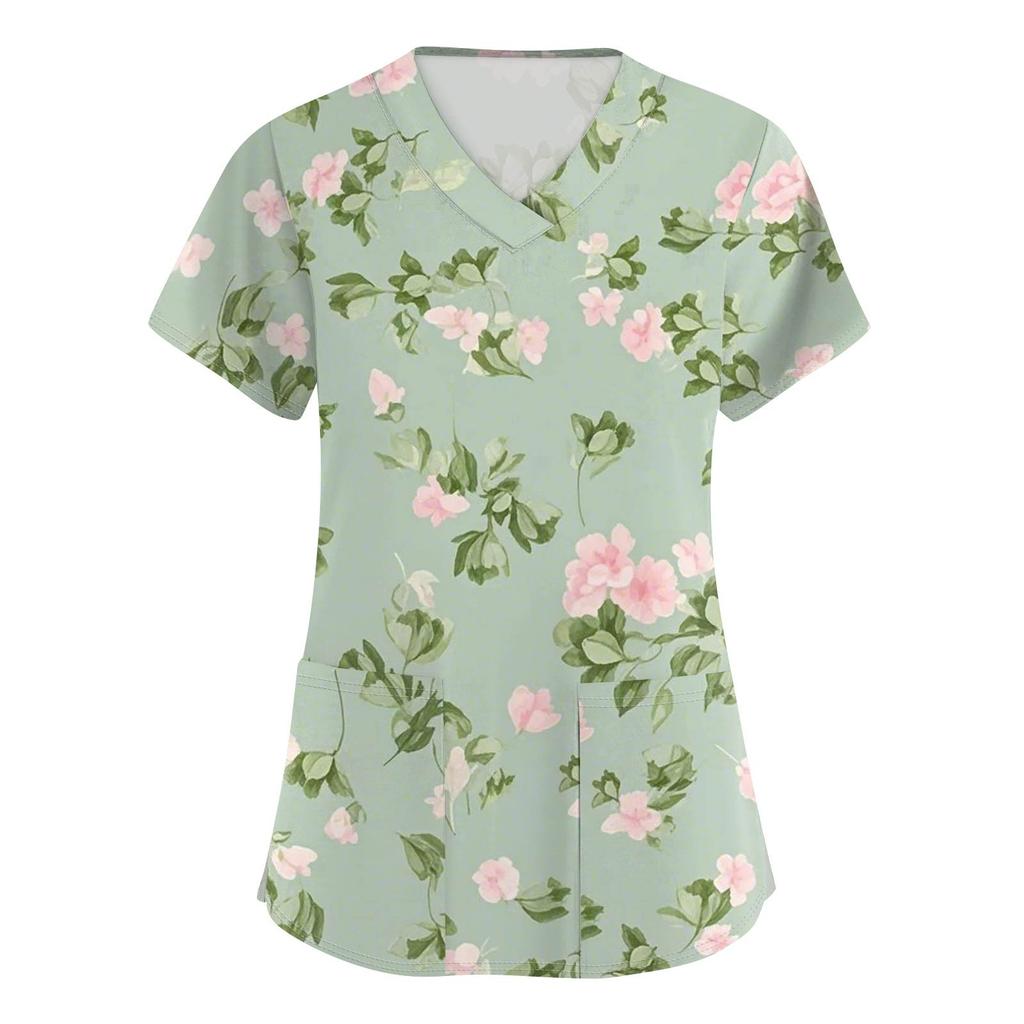 Women's Fashion Printed  Short Sleeve Care Workwear With Double Pockets Top