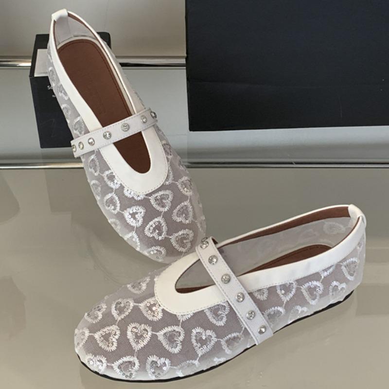 Flat Shoes Spring New Round Head Shallow Mouth Glitter Embroidery Mesh Crystal with Soft Sole Non-slip Shoes