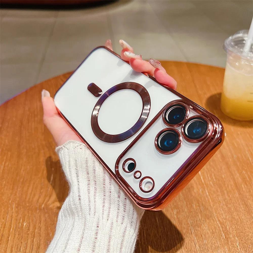 Popular Plating Transparent Wireless Charging Case For iPhone 17 Air 16/E 15 14 Plus 13 12 11 Pro Max Shockproof Anti-Fall Cover