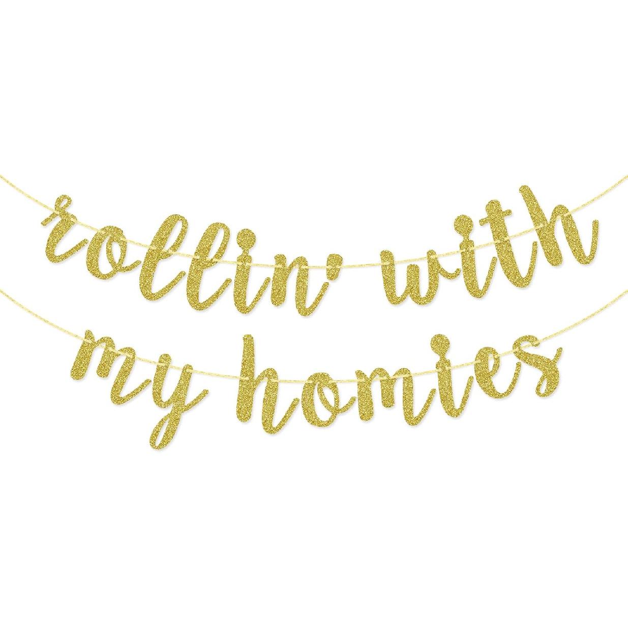 Rollin With My Homies Banner, Hip Hop Party Decorations Supplies, Retro 80s 90s Theme Birthday Bunting Sign, Pre-strung, Gold Glitter