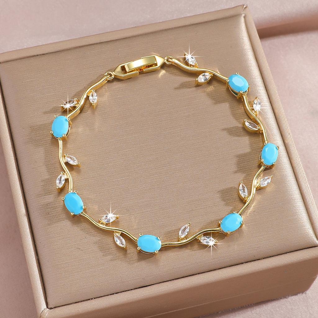 Luxury Gold-Plated Copper Zircon Leaf Bracelet, High Quality Jewelry