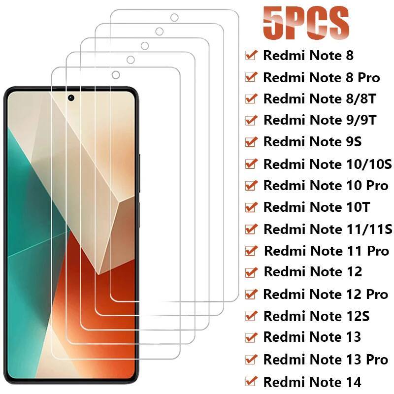 5Pcs Tempered For for Xiaomi 12 13 12S 14 5G Screen Protector On Redmi Note 11 10 9 8 Pro 11S 10S 9S 8T Glass