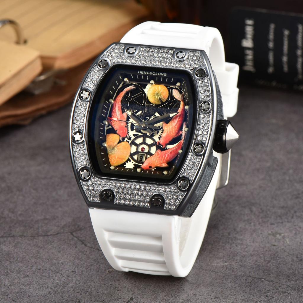 2025 Hengbolong Diamond Quartz Watch Men's Fashion Koi Pattern Strap Calendar Silicone Watch Strap