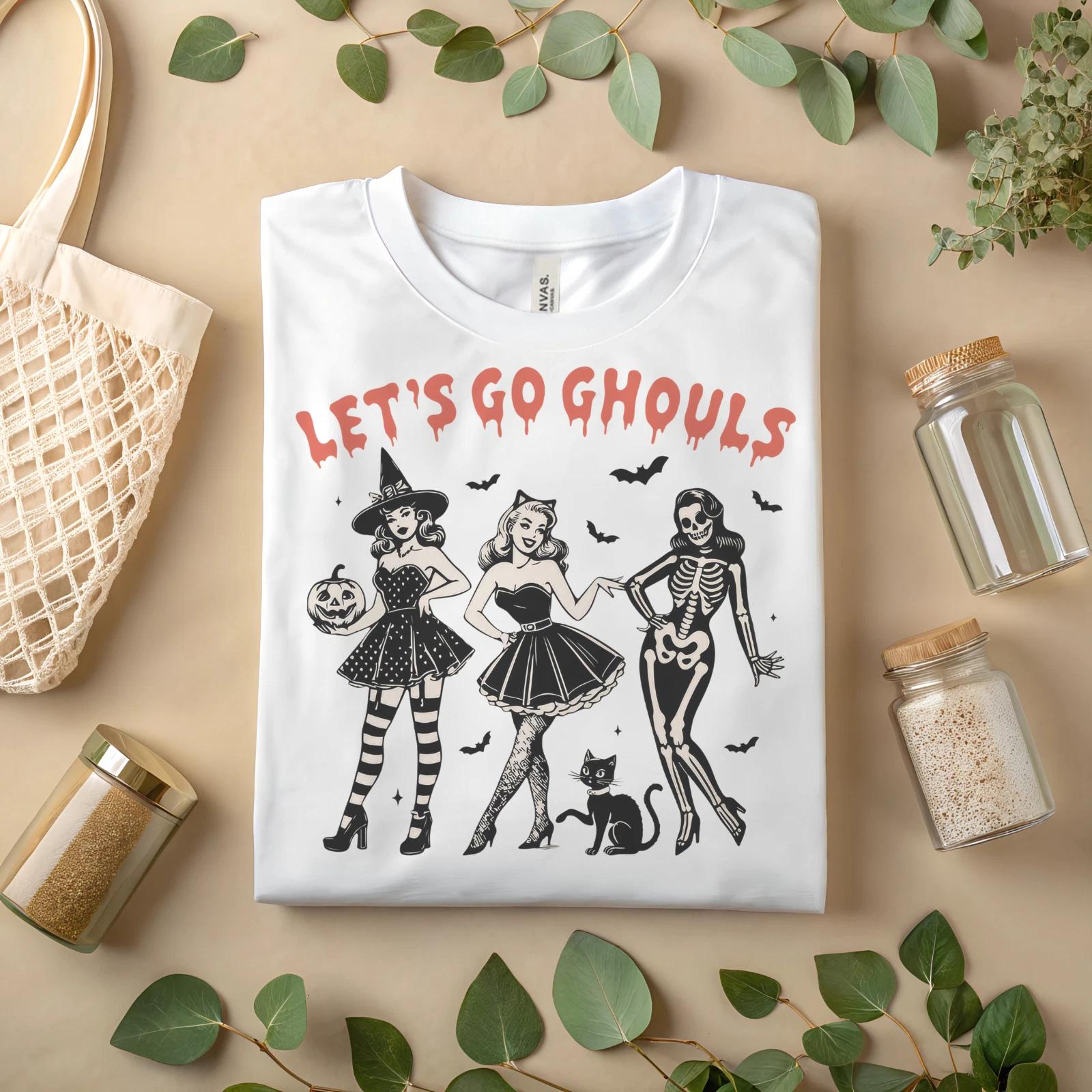 Let’s Go Ghouls Halloween T-Shirt – Retro Spooky Girl Graphic Tee A290 3XL