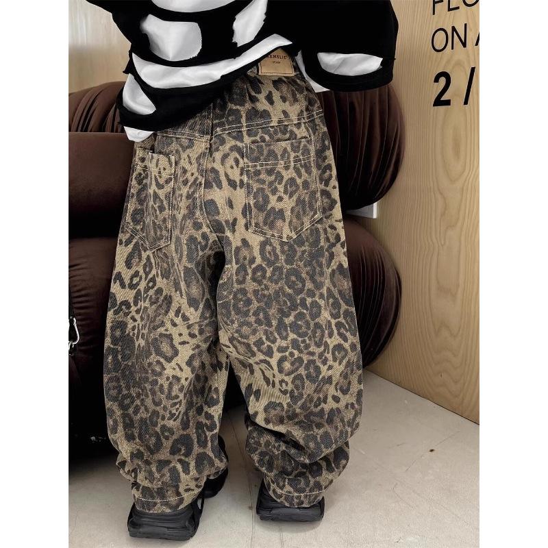 Herbst Jungen Leopardenmuster Fleecegefüttert Retro Freizeithose - Dick, Gerades Bein für Kleine und Mittlere Kinder