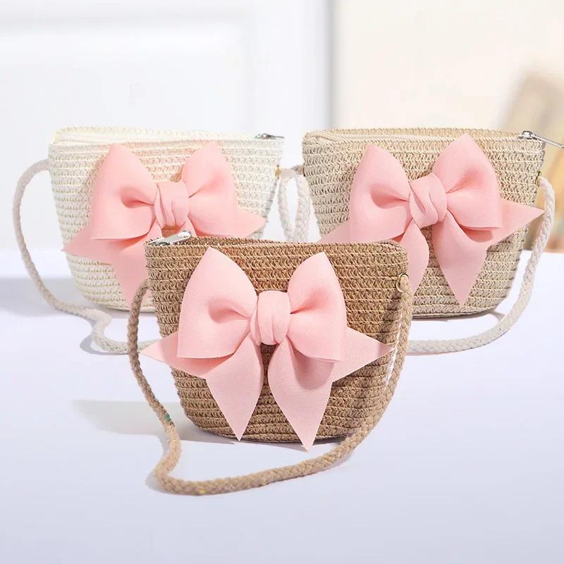 Handmade Woven Crossbody Bag Mini Coin Purse Beach Handbags Cute Bow Straw Shoulder Bags Baby Girls Princess Kids Messenger Bags