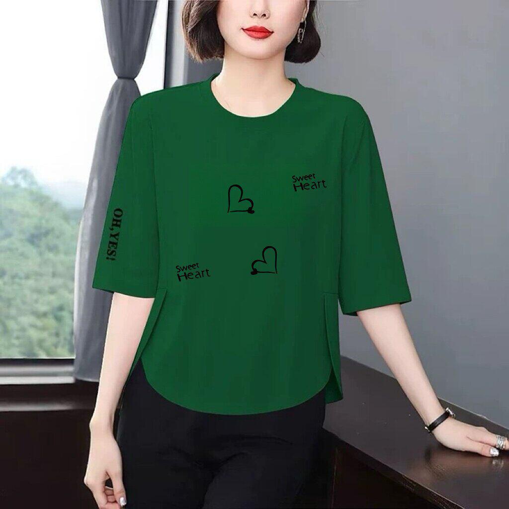 

2026 Women s Casual Love Print Seven-Sleeve Round Neck Top - Versatile, Slimming, Age-Reducing Design Medium