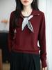 2025 Women's Fashionable Knitwear: French Ribbon Silk Scarf Design, POLO Collar, Long Sleeve Sweater