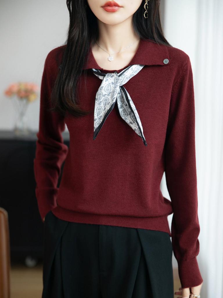 2025 Women's Fashionable Knitwear: French Ribbon Silk Scarf Design, POLO Collar, Long Sleeve Sweater