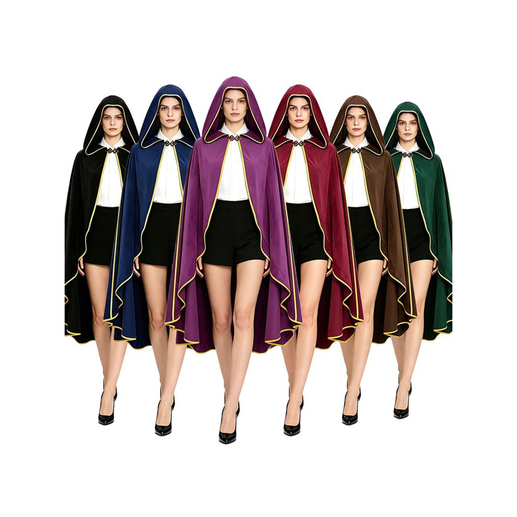 Women's Costume Cape with Hood Faux Vintage Gold Trim 6 Colors for Halloween Party