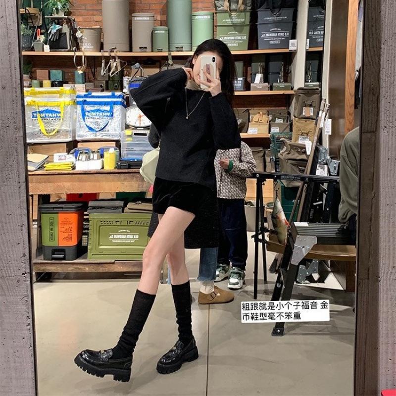 New inner height increase of 7CM gold coins British round head one-pedal lazy thick-soled loafer small leather shoes 3334