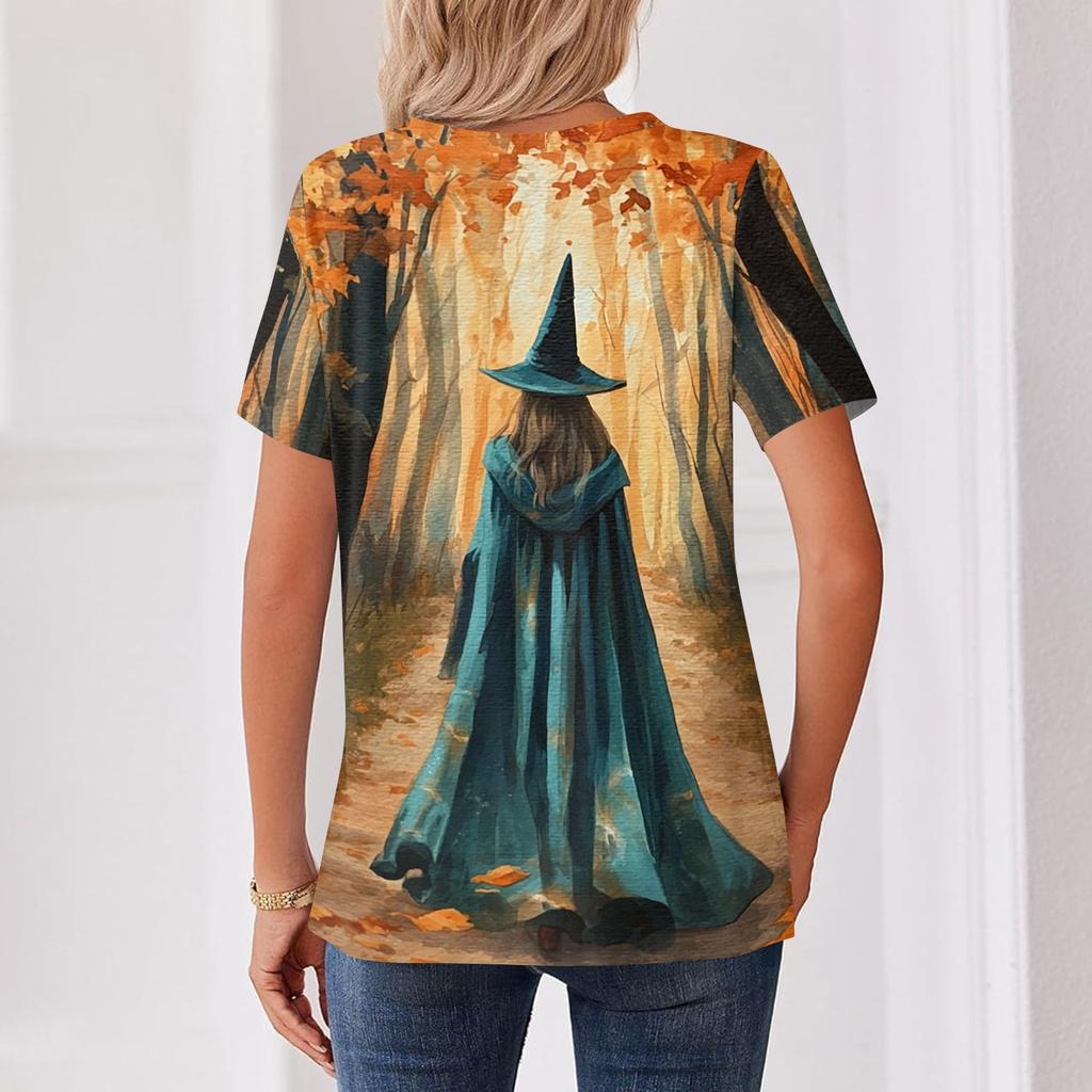 Women's Halloween V Neck Short Sleeve T-Shirt with Button Casual Top