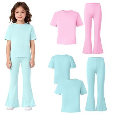 8-12 Years Girls' Solid Color T-shirt and Flare Pants Set Casual Clothes