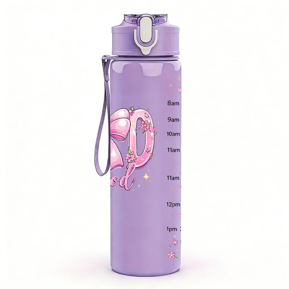 1PC God Is Good Pink Lettering Quote Art 750ml Color Plastic Sports Water Bottle Leakproof Flip Straw Lid Suitable for Sports Office Home Use