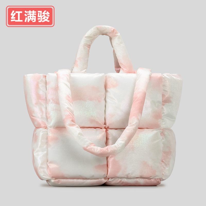 New Down Bag Cotton Clothes Handbag Women's Soft Checkered Filled Cotton Shoulder Bag Fashionable and Simple Tote Bag