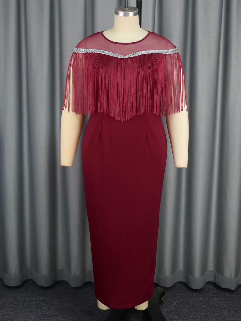 Womens Prom Dresses Fringe Mesh Patchwork Round Neck Sequins Pencil Plus Size Party Dresses