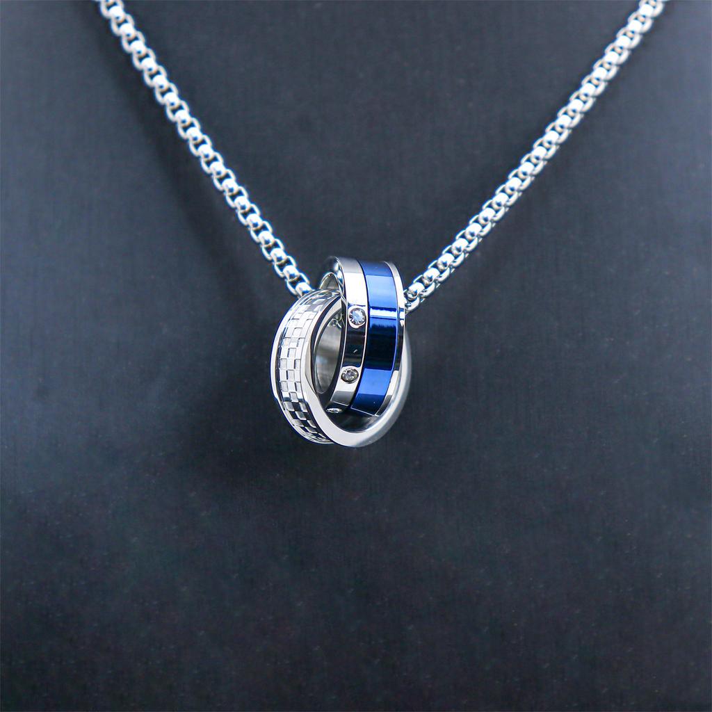 Fashion Trendy Men'S And Women'S Double-Ring Diamond-Encrusted Pendant Necklace High-End Trendy Cool Titanium Steel Pearl Chain Jewelry