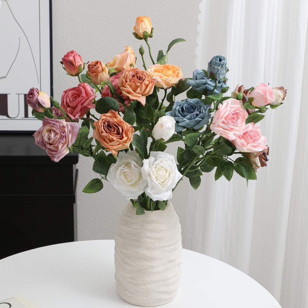 Scorched Edge 3-Head Artificial Rose, Retro Style Fake Flower for Home and Wedding Decoration, Photography Prop.