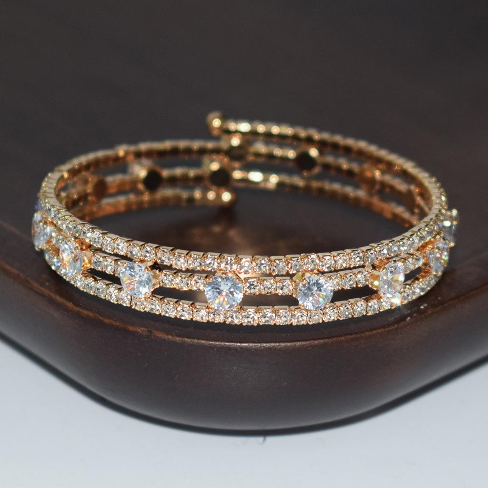 Factory Bridal 3-Layer Pearl Rhinestone Zircon Winding Open-Ended Bracelet Gold and Silver Color for Women